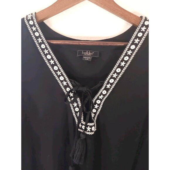 Belldini Los Angeles Black Embroidered Boho Tunic Dress Tassel Tie Rayon L/G - Picture 2 of 12